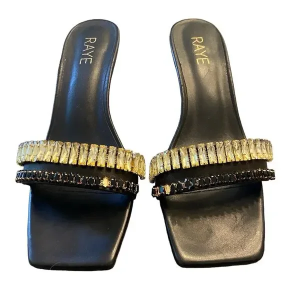 Raye Lavan Leather Heels Mule Crystal Embellishments Square Toe Black Size 8 - Picture 7 of 13